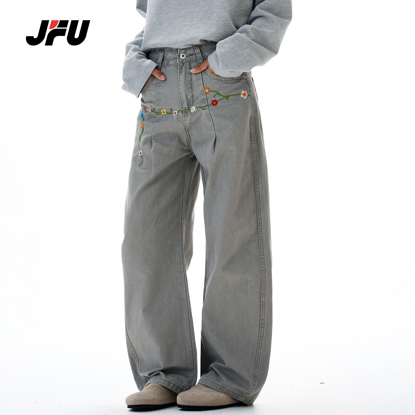 JFU潮牌美式花卉刺绣男牛仔裤
