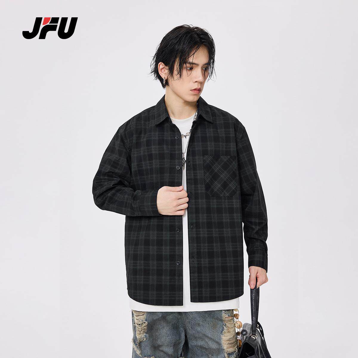 JFU秋季美式纯棉黑色格子长袖衬衫男2024新款宽松休闲翻领衬衣