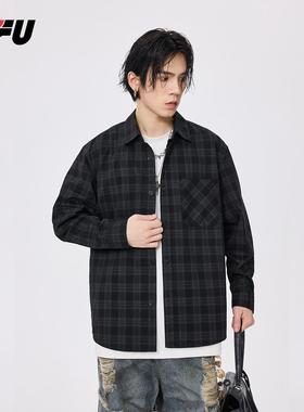 JFU秋季美式纯棉黑色格子长袖衬衫男2024新款宽松休闲翻领衬衣