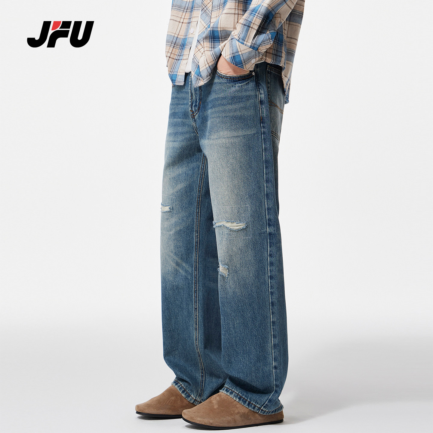 JFU潮牌美式复古破洞直筒牛仔裤