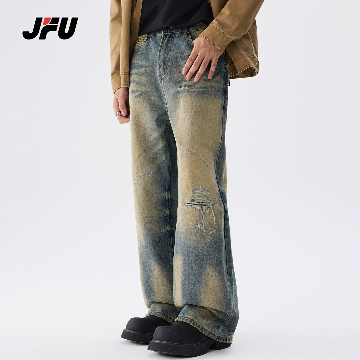 JFU潮牌美式复古破洞直筒牛仔裤