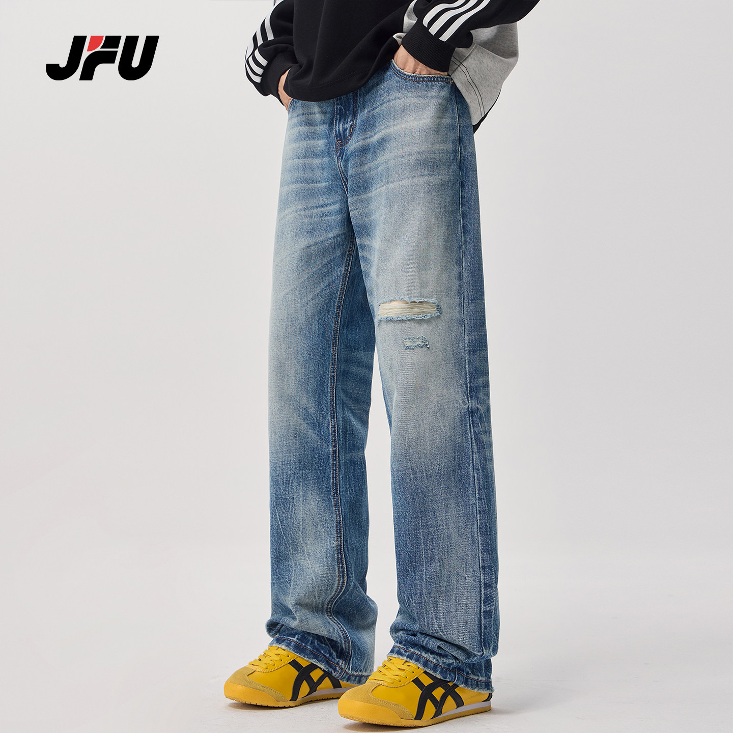 JFU潮牌美式复古直筒牛仔裤