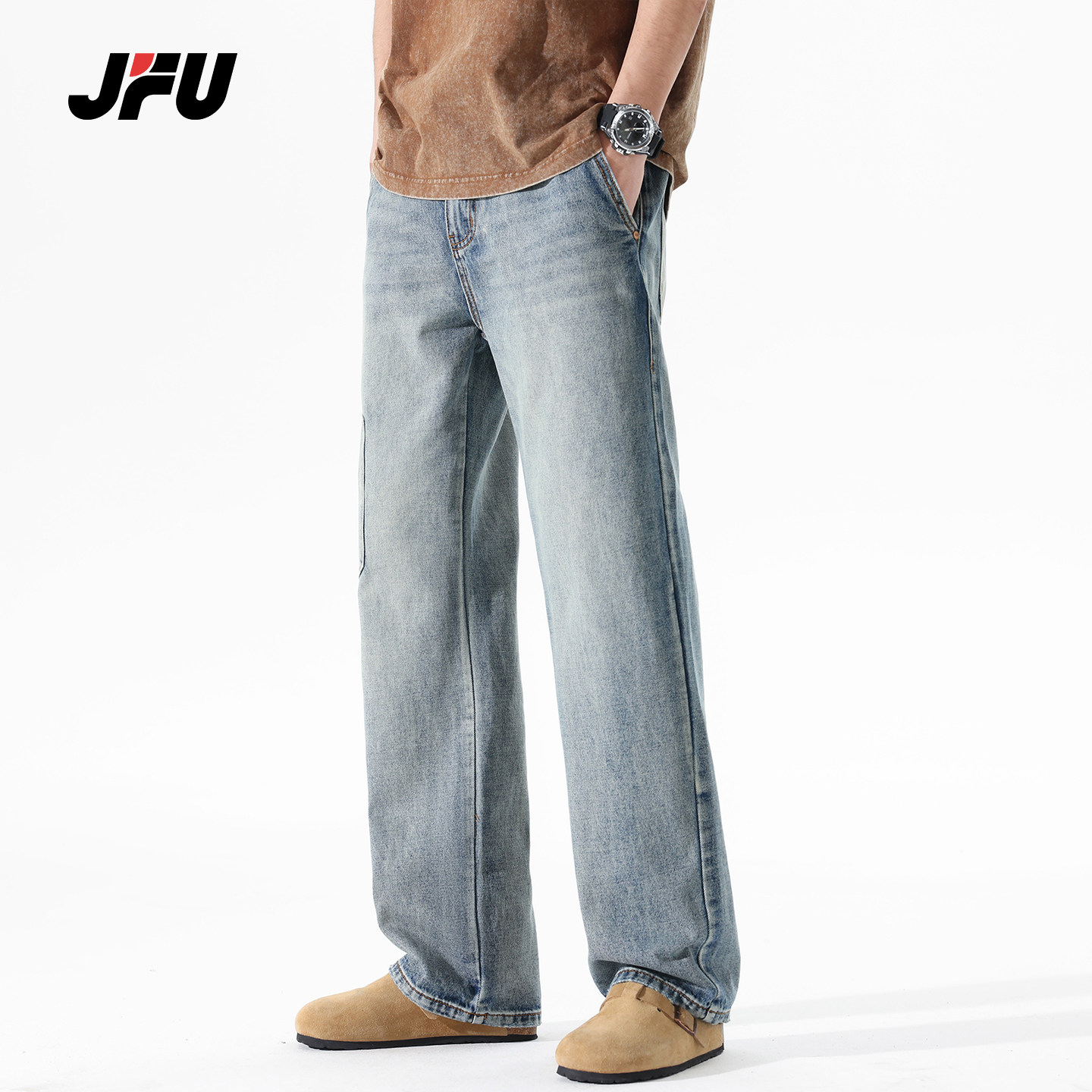 JFU潮牌 春夏季美式复古水洗直筒牛仔裤男宽松阔腿磨白休闲长裤