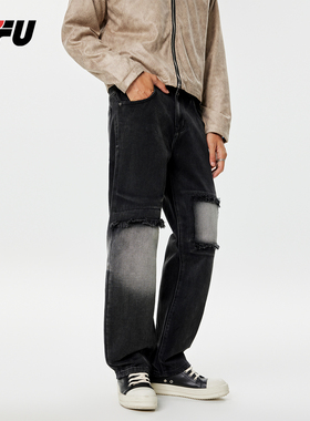 JFU美式复古高街黑色牛仔裤男宽松秋季直筒休闲小众潮牌阔腿长裤