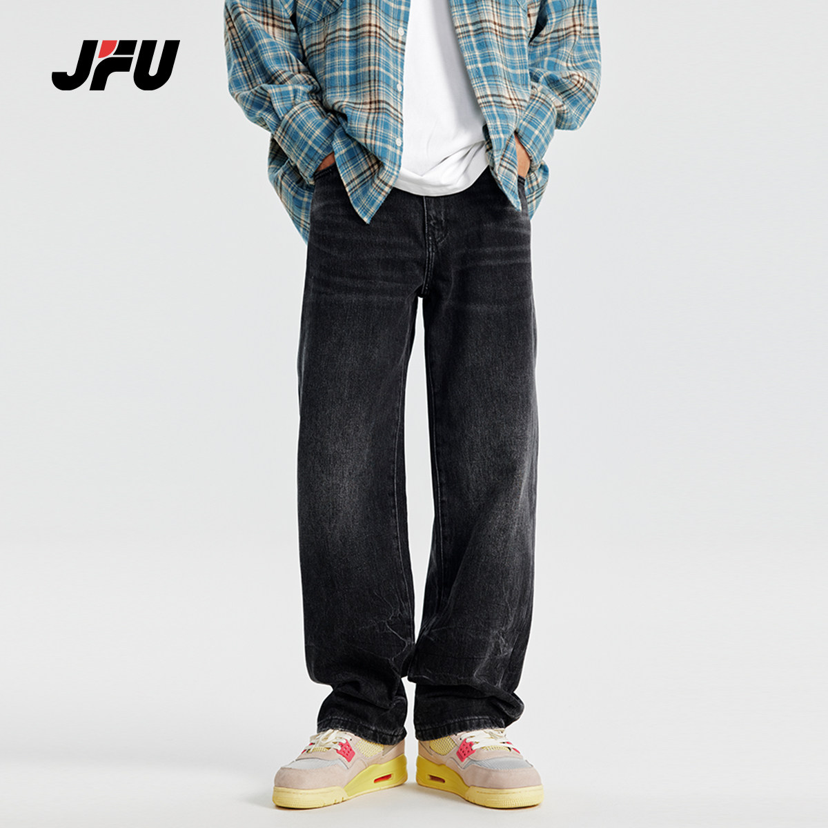 JFU2024秋冬水洗黑色cleanfit宽松直筒美式高街水波纹牛仔长裤男
