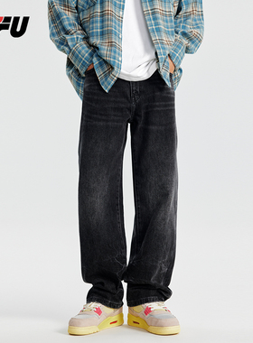 JFU2024秋冬水洗黑色cleanfit宽松直筒美式高街水波纹牛仔长裤男