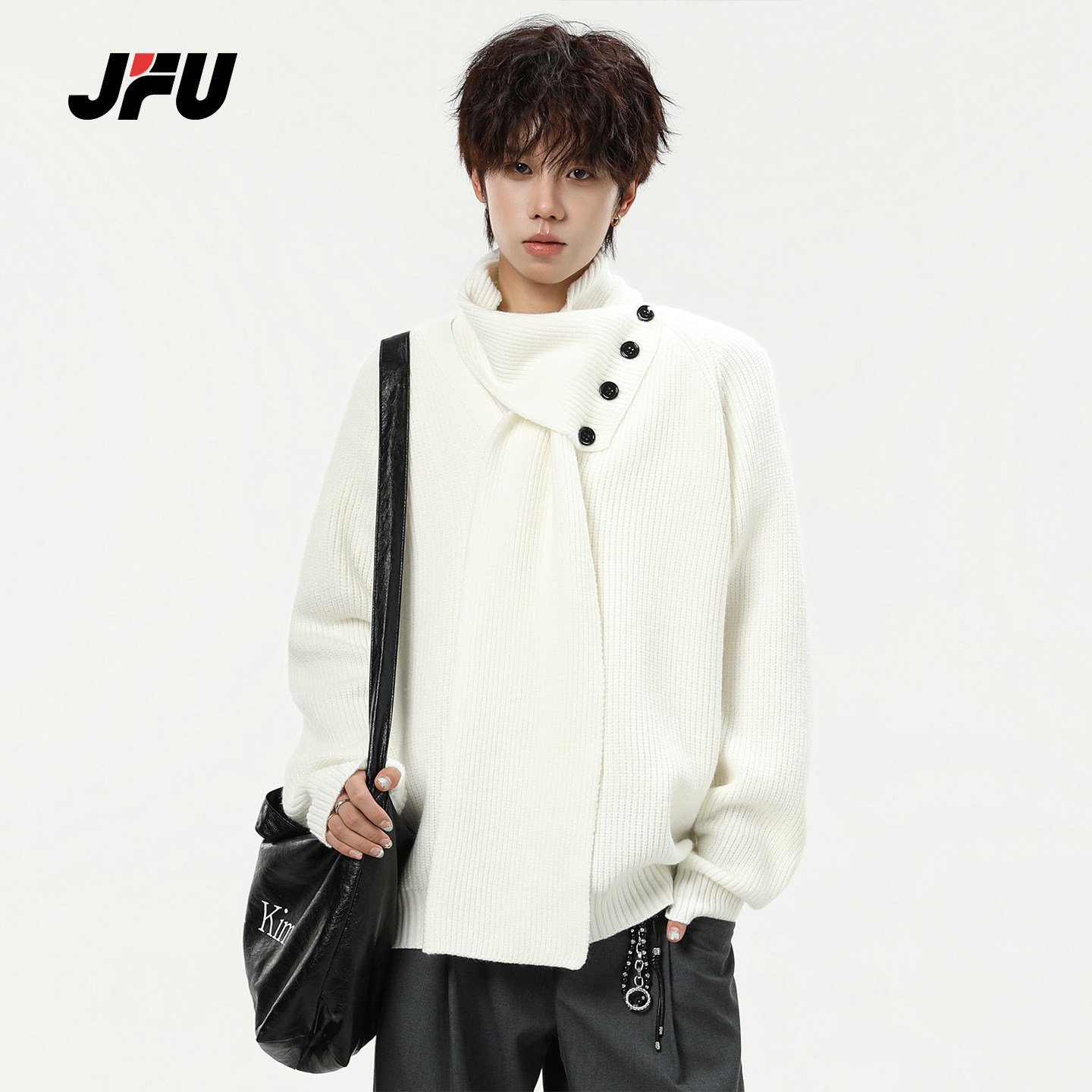 JFU潮牌美式复古V领上衣针织衫