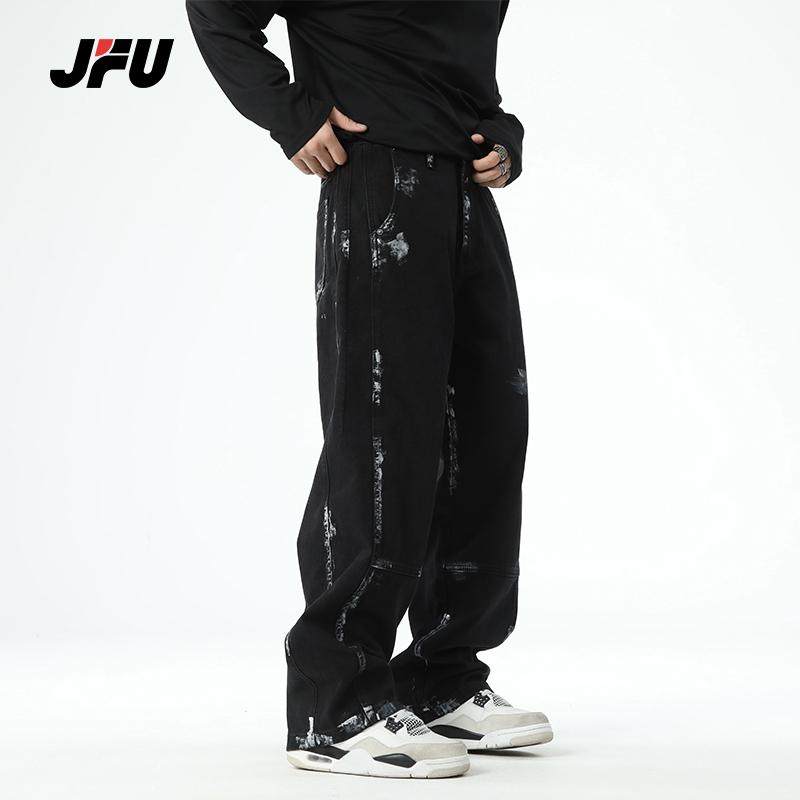 JFU秋冬季美式黑色泼墨涂鸦直筒牛仔裤男潮牌阔腿休闲裤长裤子