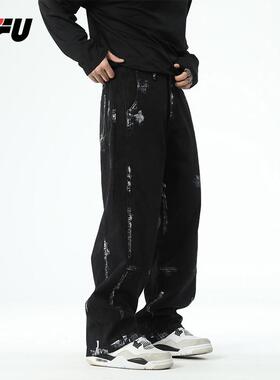 JFU秋冬季美式黑色泼墨涂鸦直筒牛仔裤男潮牌阔腿休闲裤长裤子