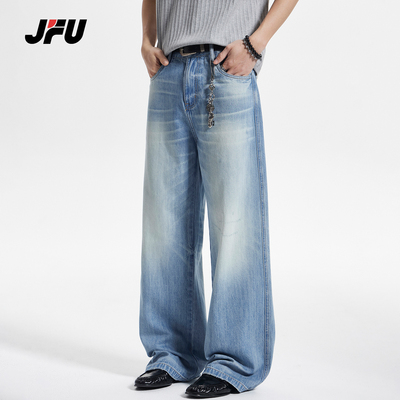 JFU潮牌复古做旧阔腿拖地牛仔裤