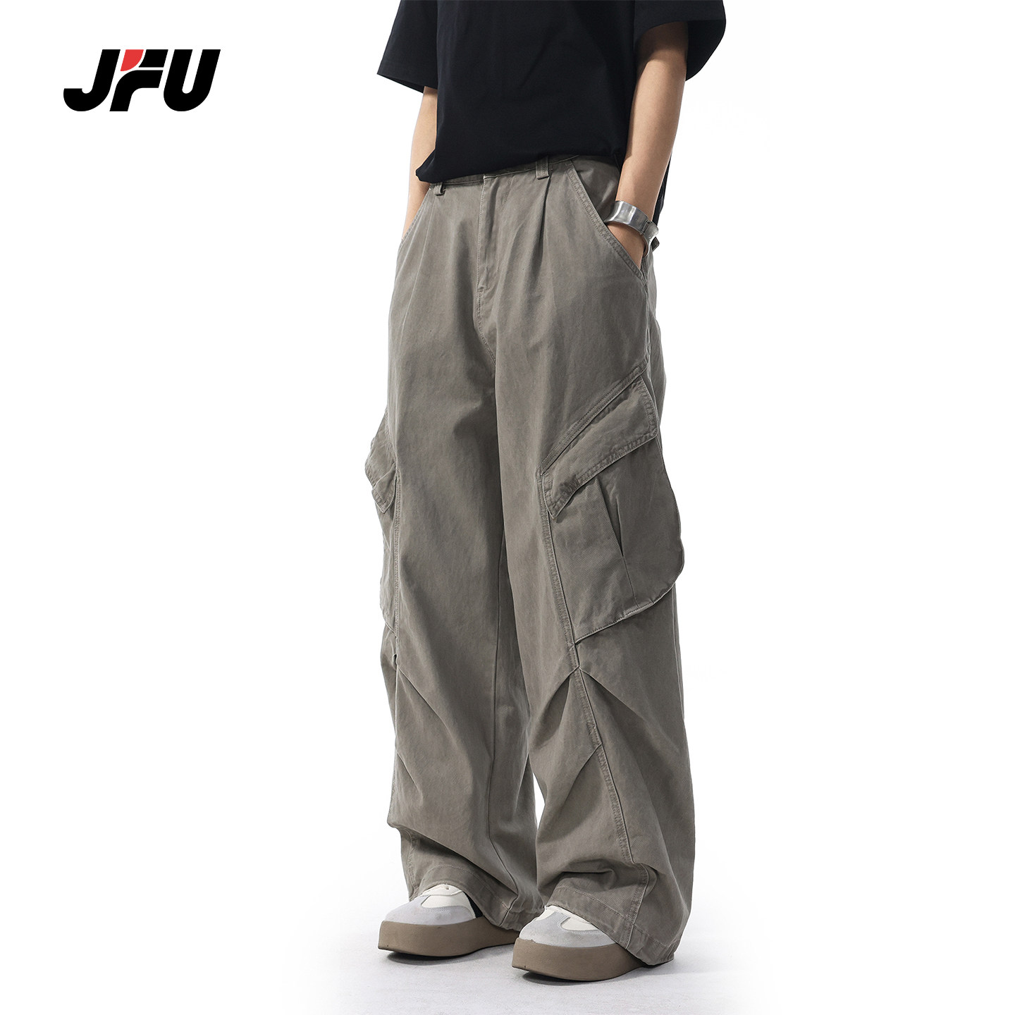 JFU夏季新款美式复古宽松休闲工装裤男款直筒阔腿垂感拖地长裤子