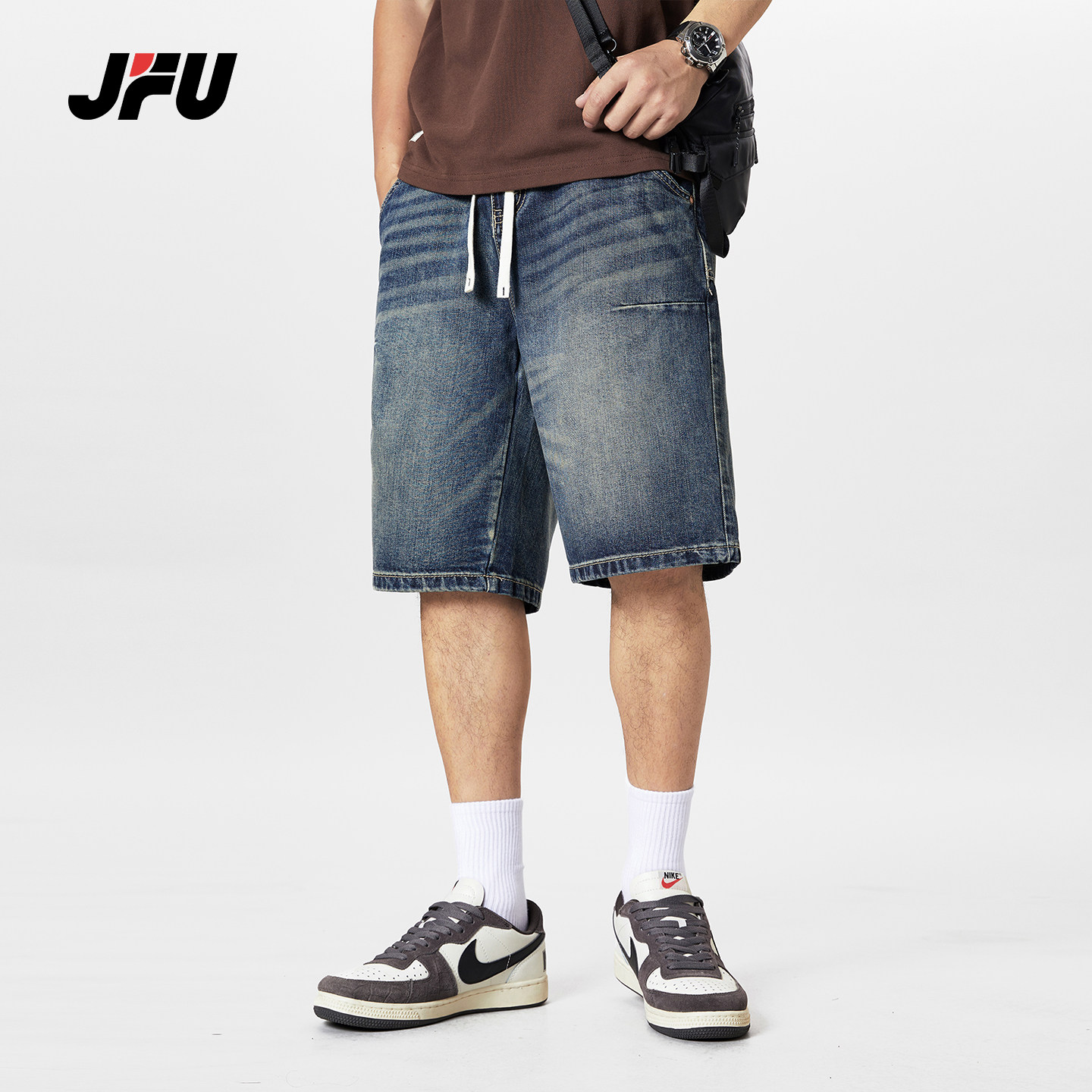 JFU夏季美式复古水洗莱赛尔休闲牛仔短裤男款宽松直筒五分裤子