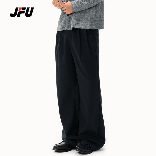 JFU潮牌老钱风黑色阔腿休闲裤