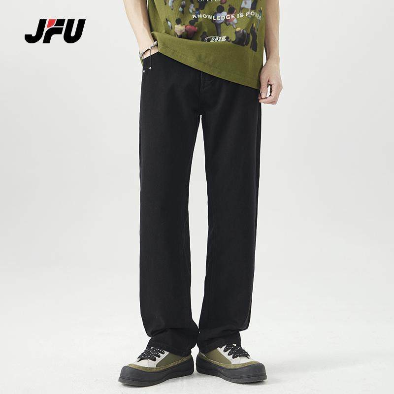 JFU春季新款黑色复古直筒牛仔裤时尚百搭高腰户外休闲长裤子男