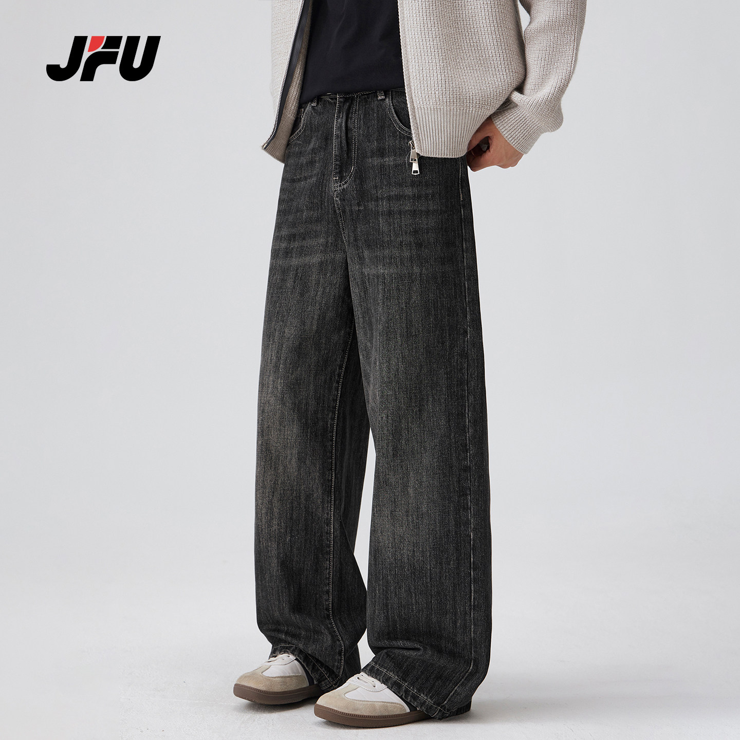 JFU潮牌 秋季美式复古水洗宽松阔腿牛仔裤男款直筒垂感拖地长裤子