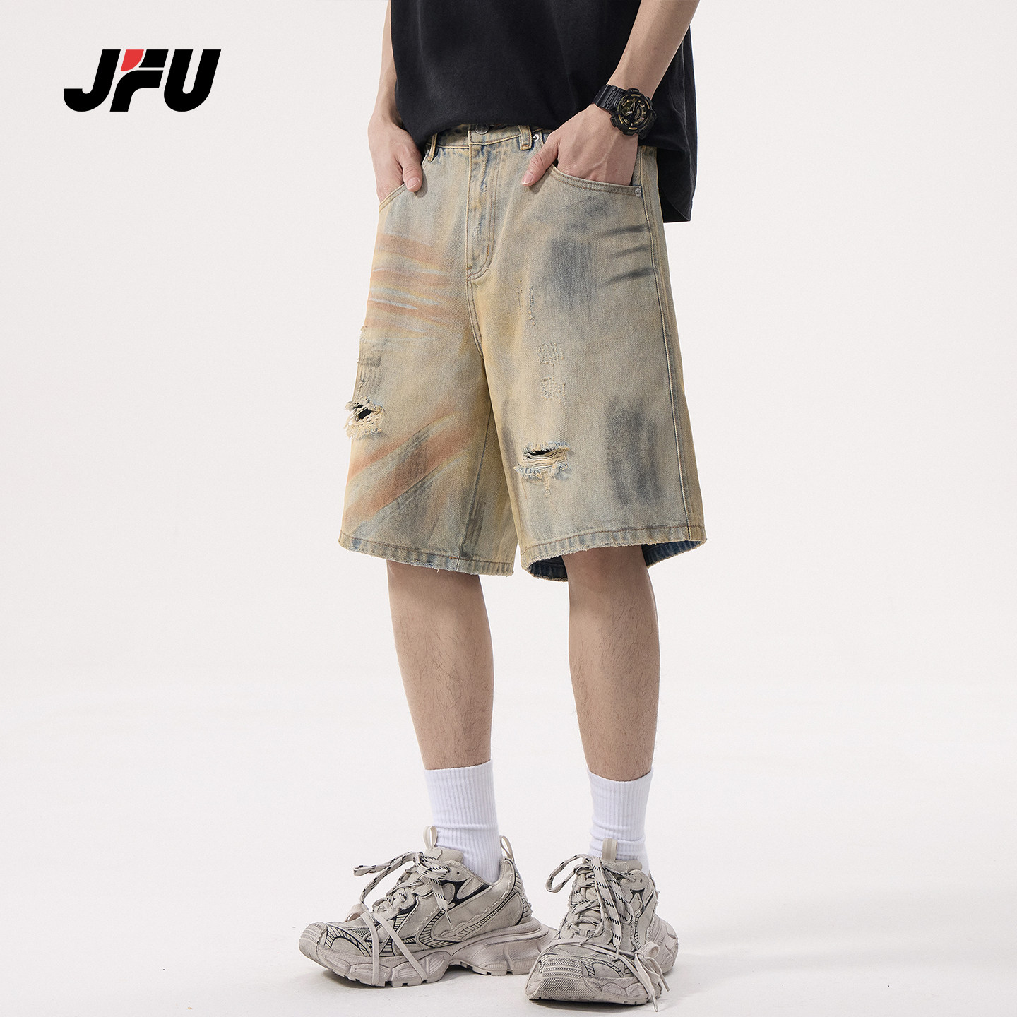 JFU潮牌 夏季美式复古水洗做旧破洞牛仔短裤男宽松直筒休闲五分裤