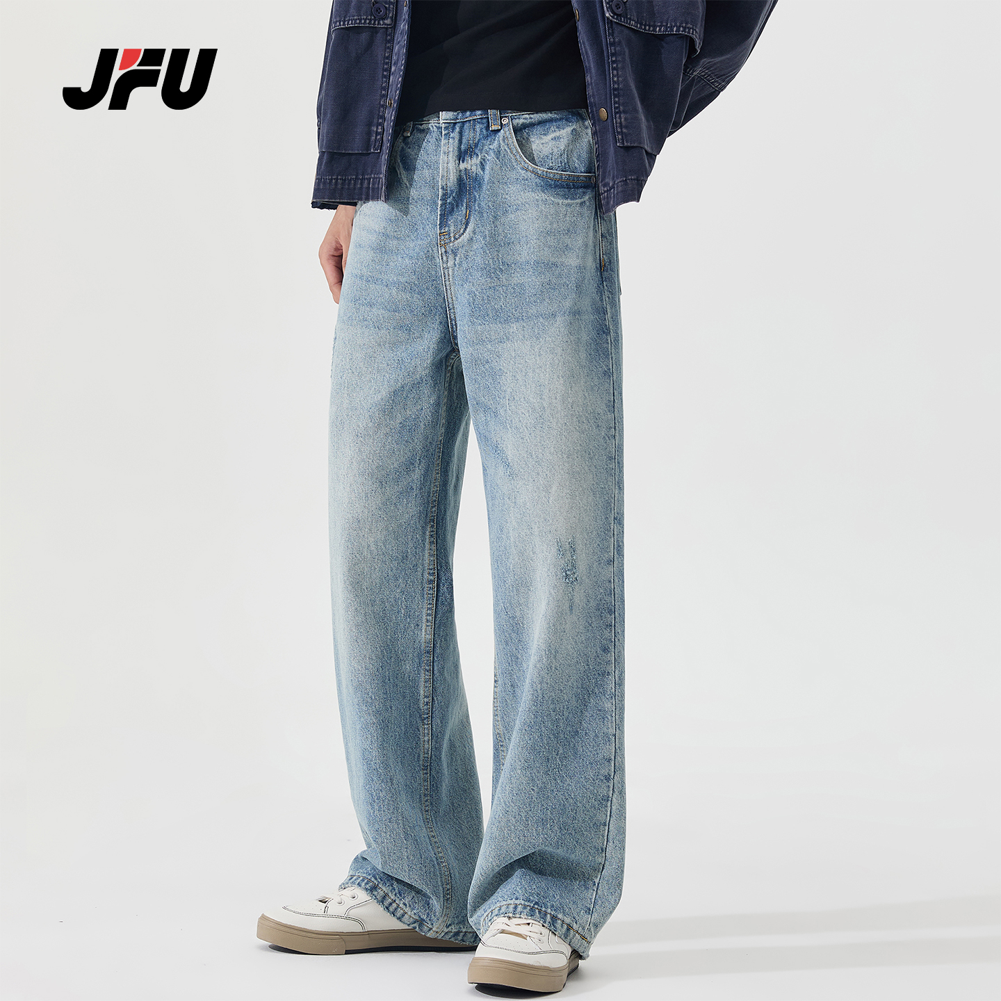 JFU潮牌美式复古直筒牛仔裤