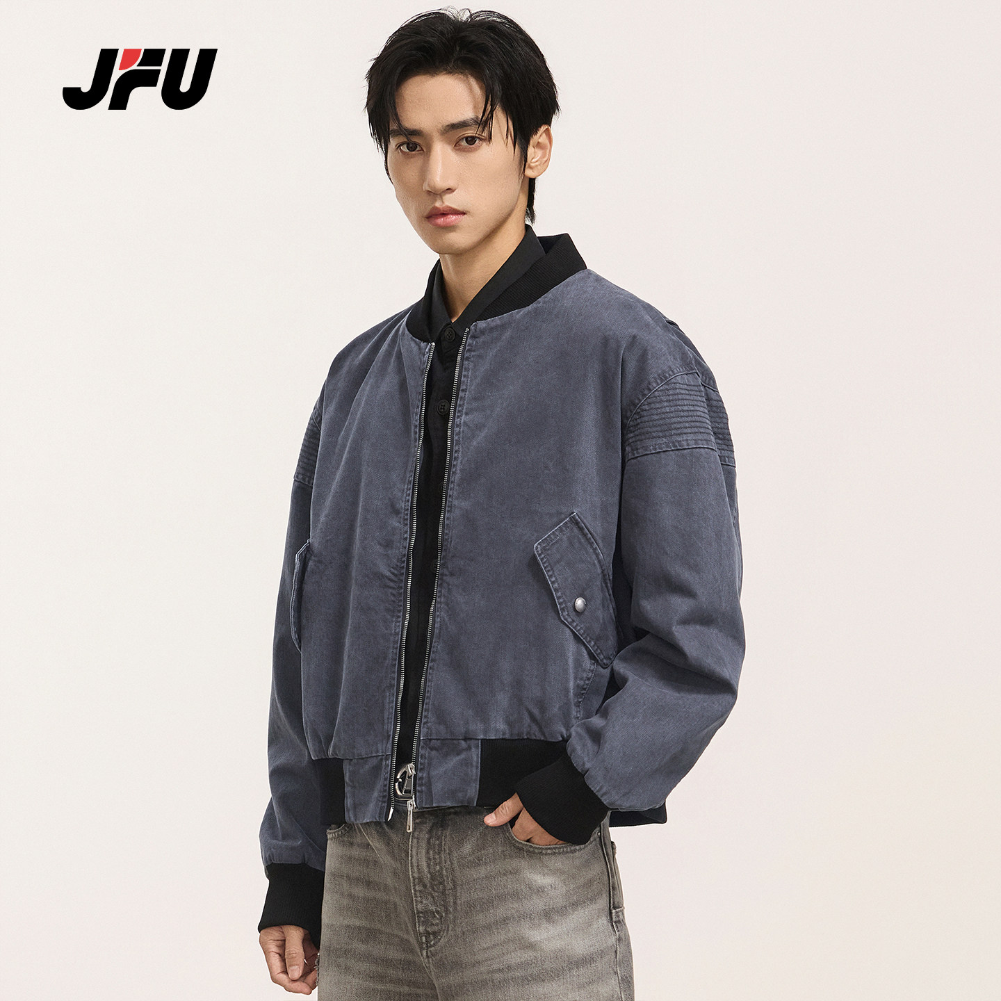 JFU潮牌秋冬棒球领牛仔夹克男
