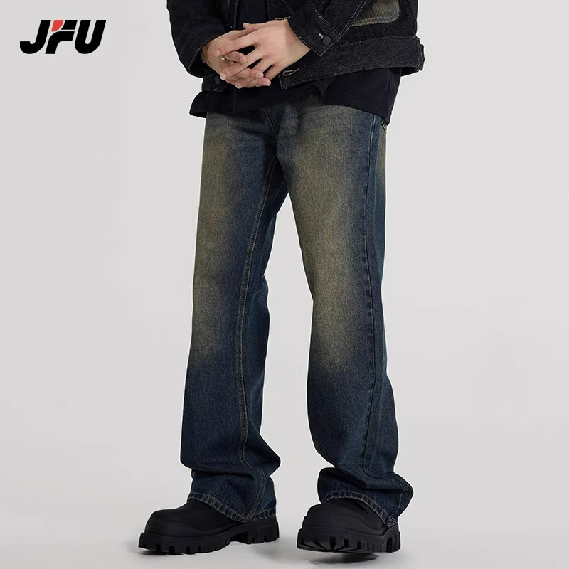 JFU秋冬款美式复古黄泥染宽松微喇牛仔裤男直筒休闲裤vibe潮牌