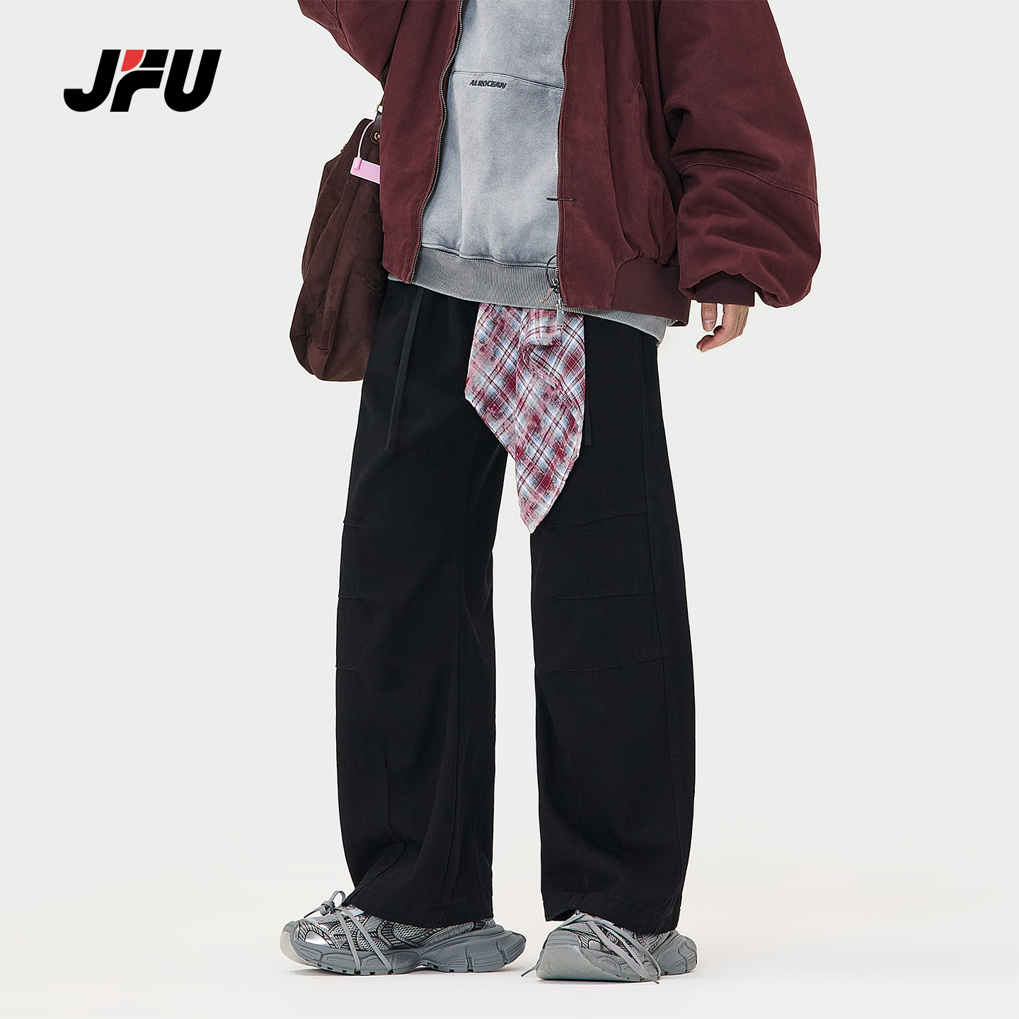 JFU美式复古高街黑色直筒显瘦牛仔裤男款手帕装饰拉链阔腿长裤子