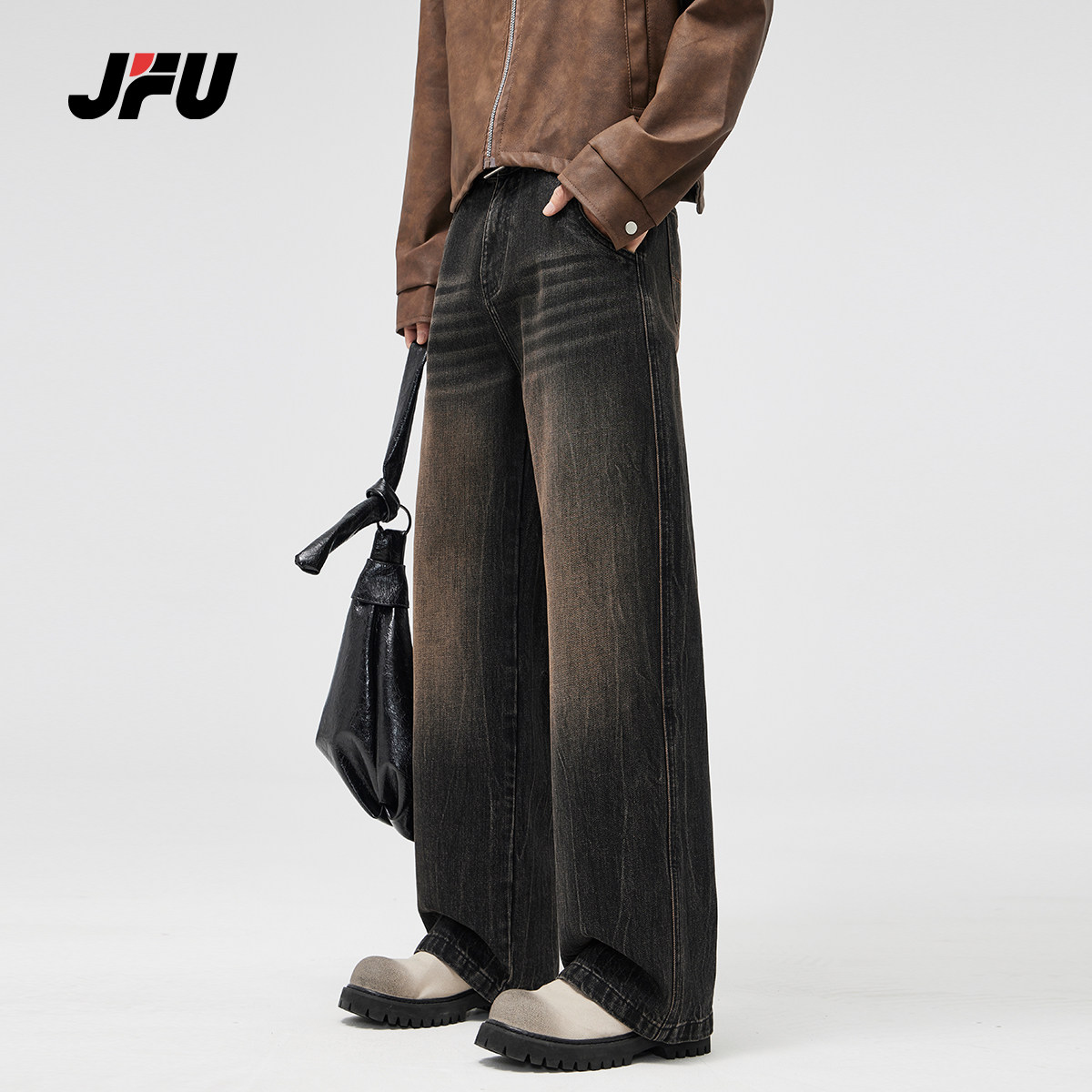 JFU秋季美式水洗牛仔裤男百搭高街cleanfit 直筒裤子宽松阔腿裤