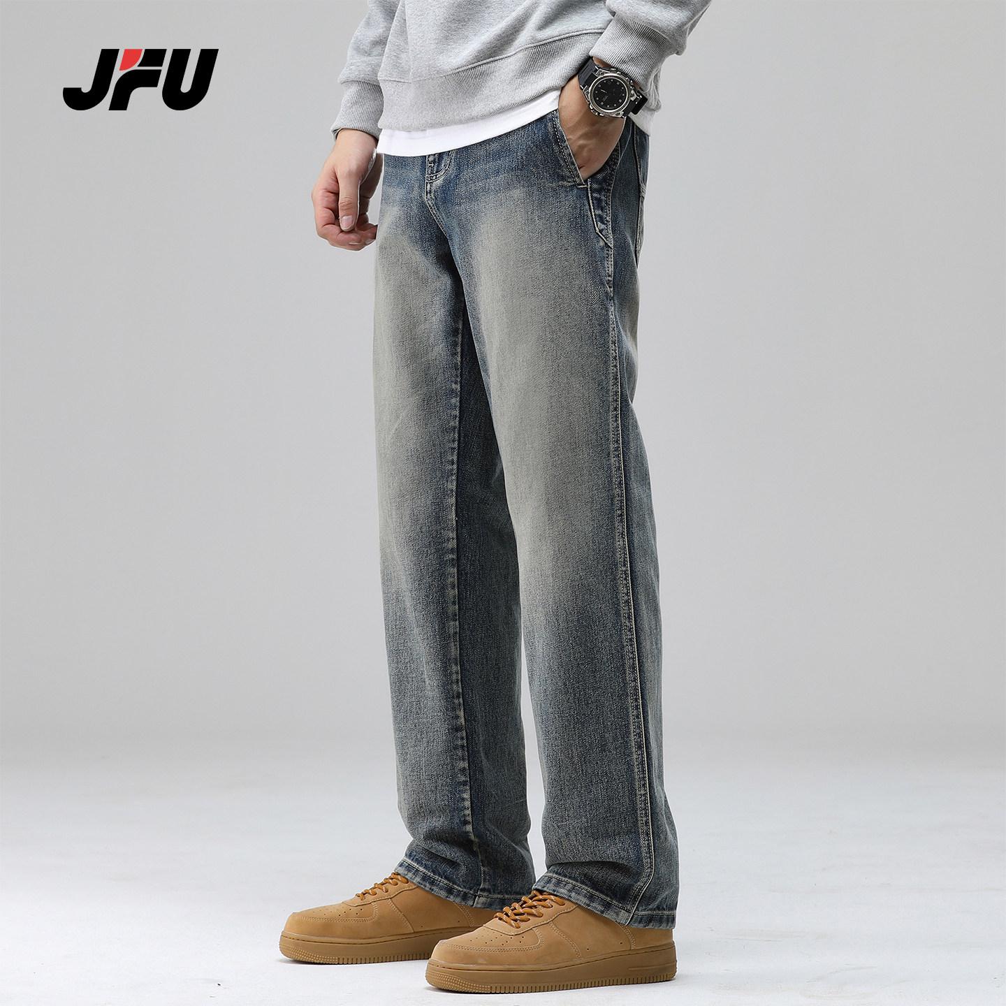 JFU潮牌复古做旧阔腿牛仔裤男图片