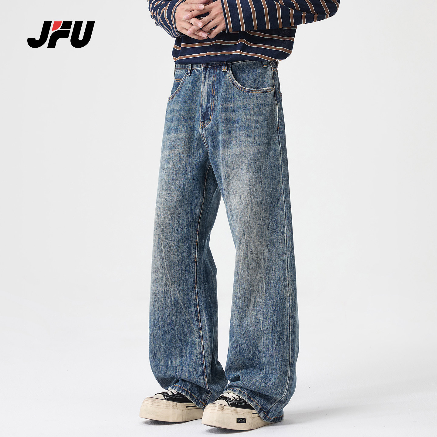 JFU潮牌复古做旧阔腿牛仔裤男图片