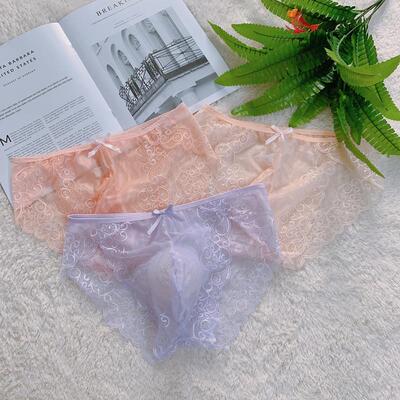 女性化设计男士内裤通用三角内裤立体冰丝蕾丝火辣纯透明三角包