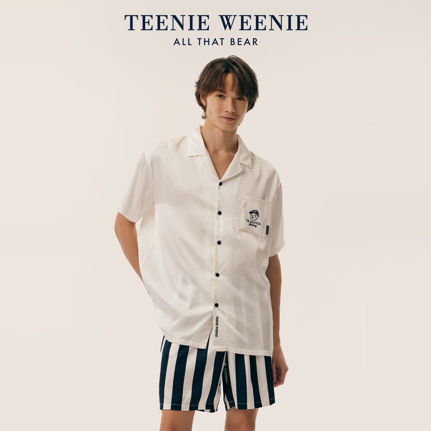 TeenieWeenie小熊男士睡衣女夏季高级感冰丝凉感条纹情侣