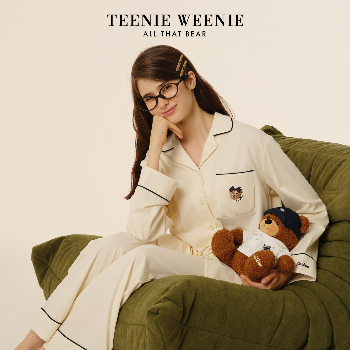 TeenieWeenie小熊刺绣纯棉睡衣上衣睡裤春季女士长袖家居服套装男