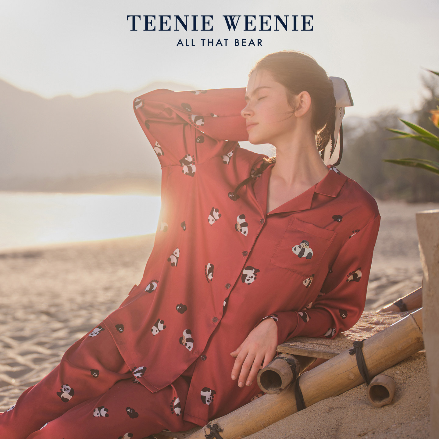 TeenieWeenie小熊睡衣女夏水光绸冰丝凉感家居服熊猫印花