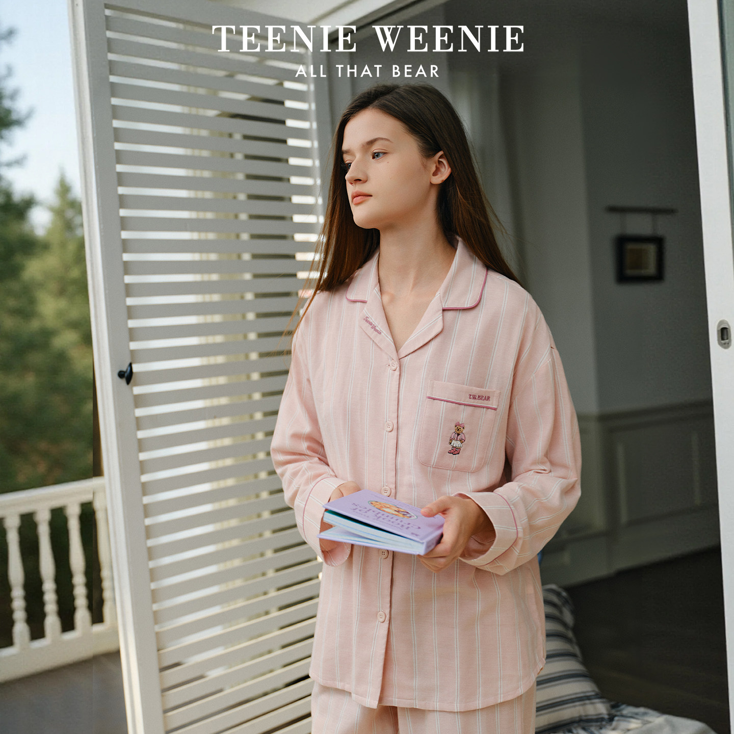 TeenieWeenie小熊纯棉双层纱睡衣女款2026新款情侣长袖条纹家居服