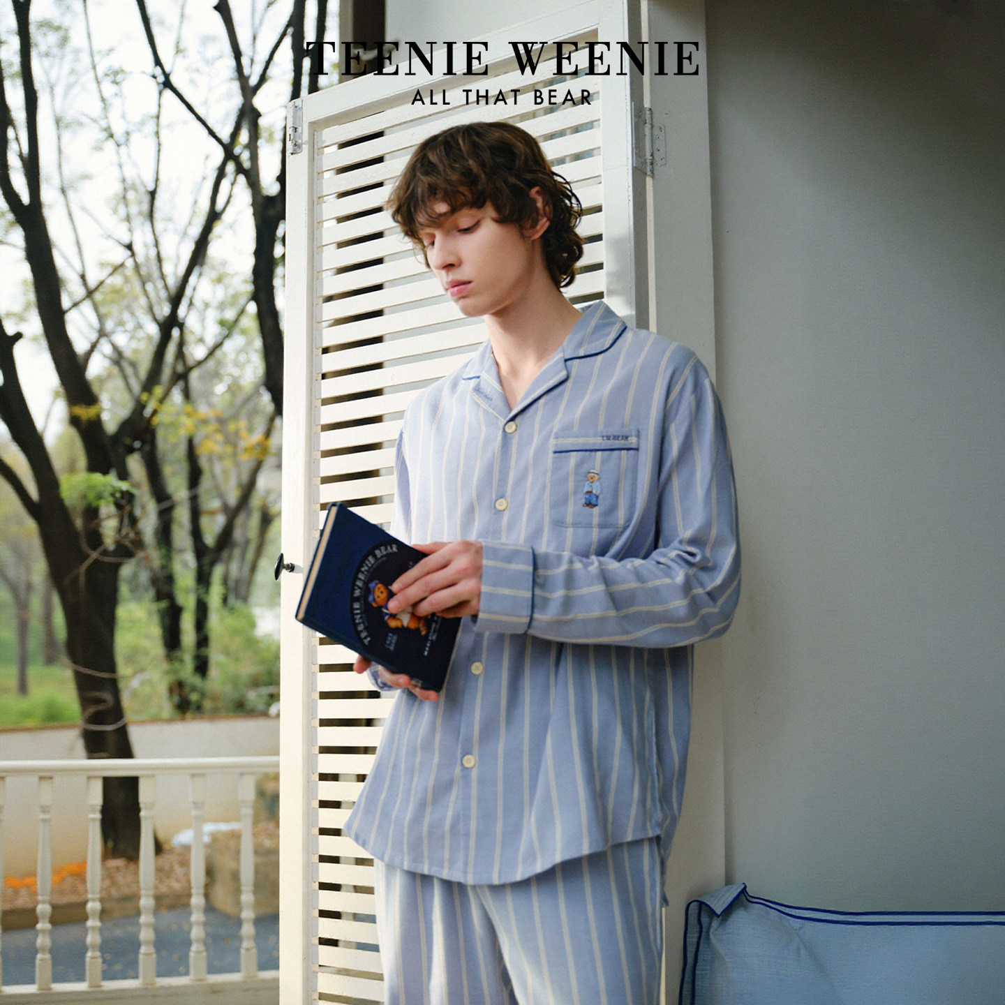 TeenieWeenie小熊纯棉双层纱睡衣情侣女款春季刺绣条纹家居服套装