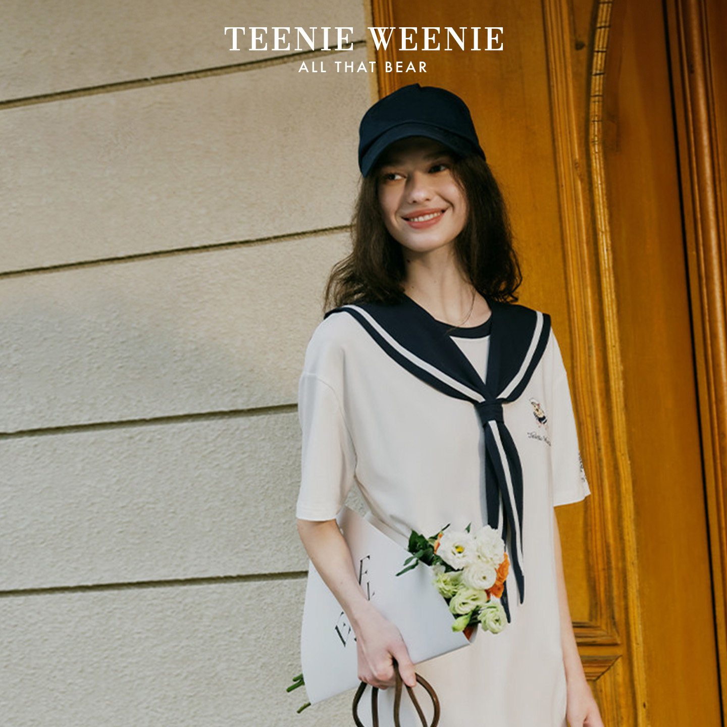 TeenieWeenie纯棉夏季海军风披肩睡裙女小熊刺绣睡衣学生家居服