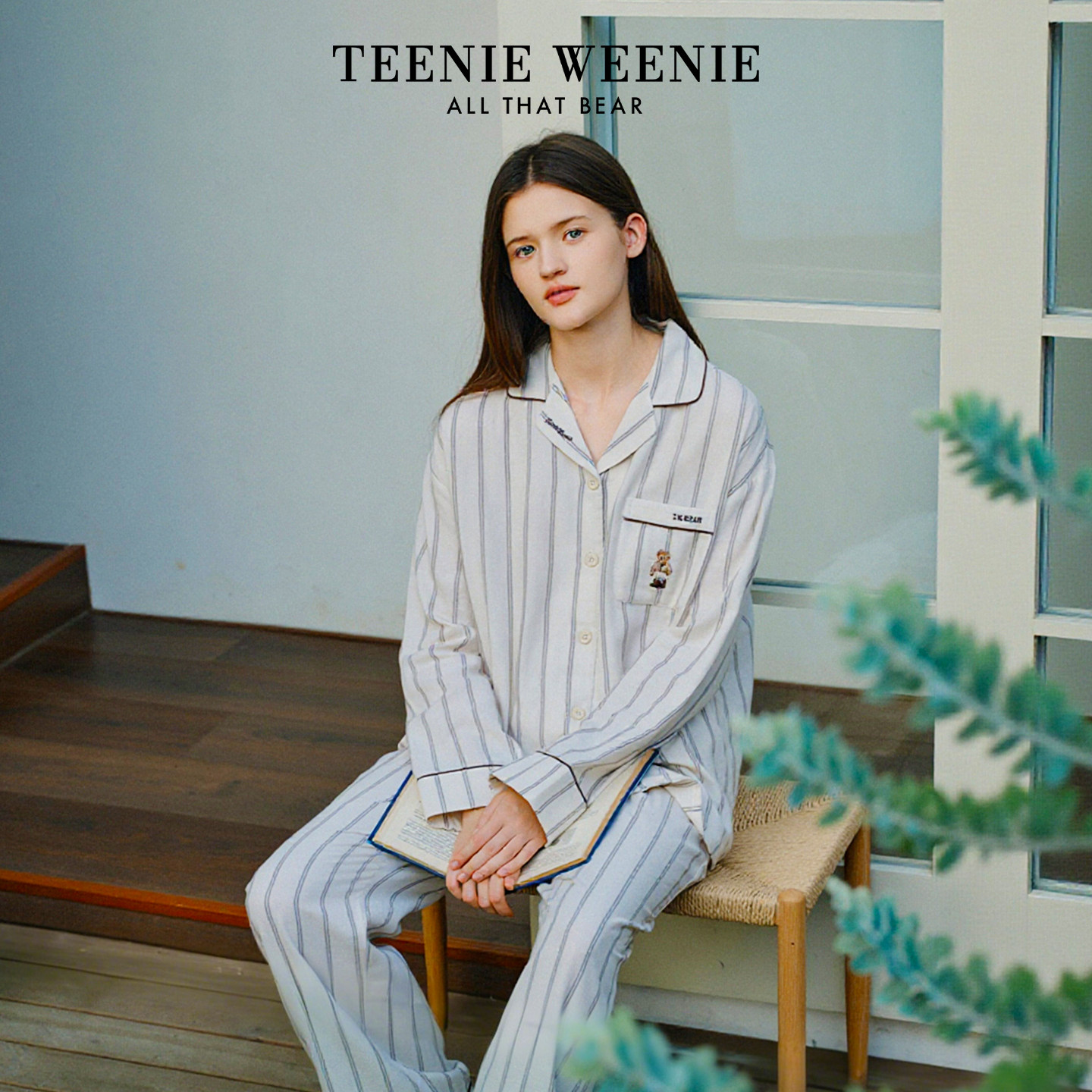 TeenieWeenie小熊纯棉睡衣女款双层纱春季套装情侣长袖条纹家居服