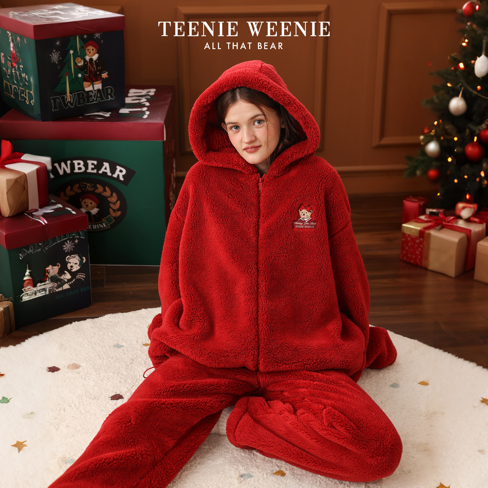 TeenieWeenie小熊大红色睡衣新年本命年秋冬季加绒女士家居服套装