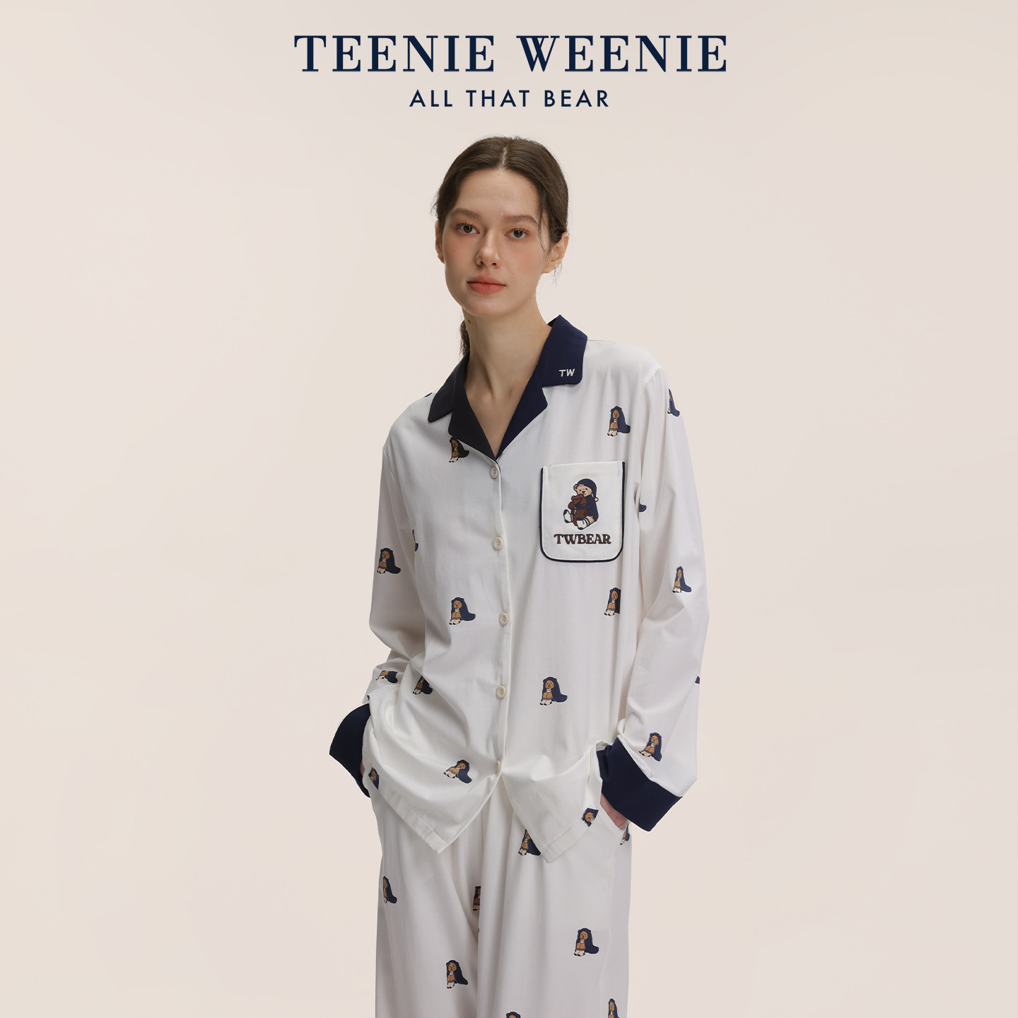 TeenieWeenie小熊刺绣睡衣2026新款春夏季纯棉女士翻