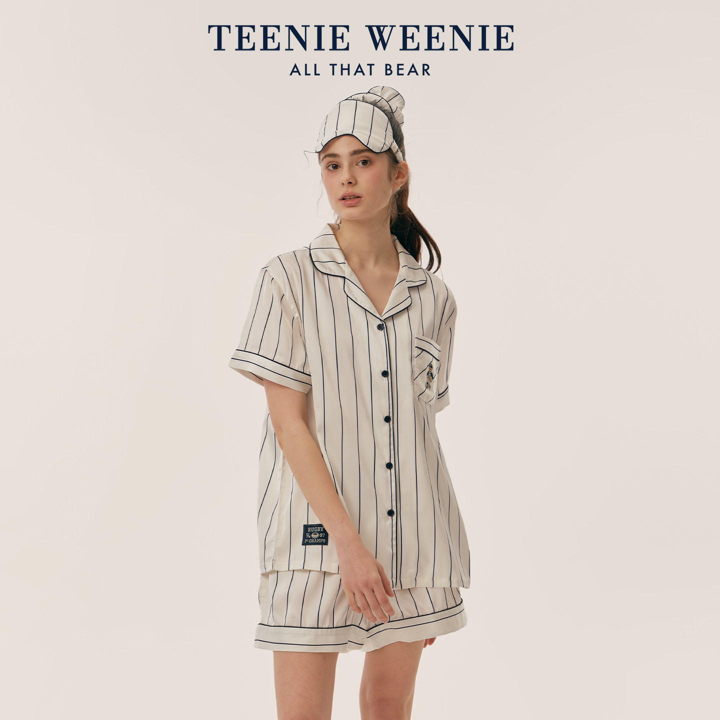 TeenieWeenie小熊情侣睡衣女夏季新款冰丝凉感条纹刺绣家