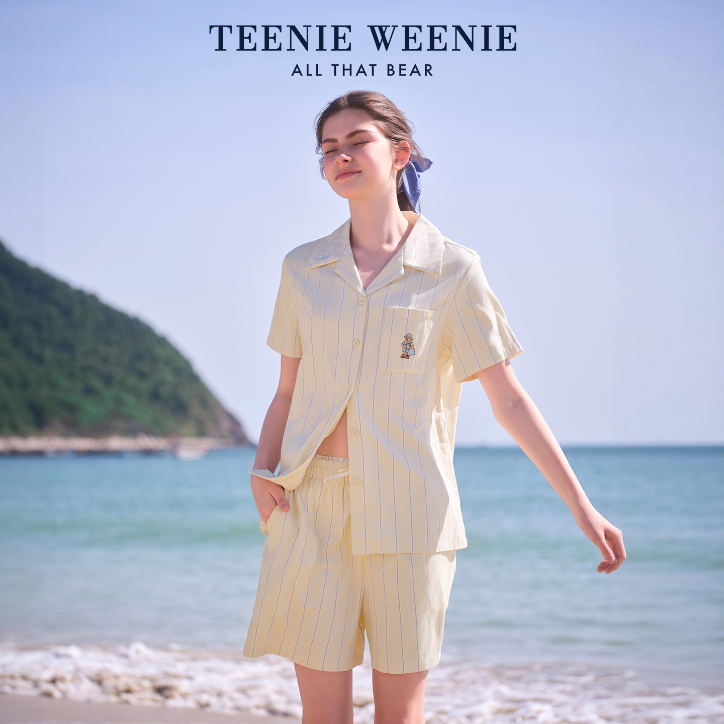 TeenieWeenie小熊凉感双层纱织短袖睡衣女款夏季A类条纹