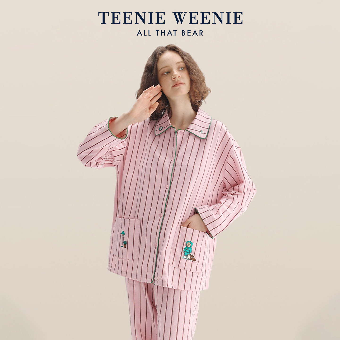 TeenieWeenie小熊刺绣睡衣女士条纹春秋高级感秋冬季女家