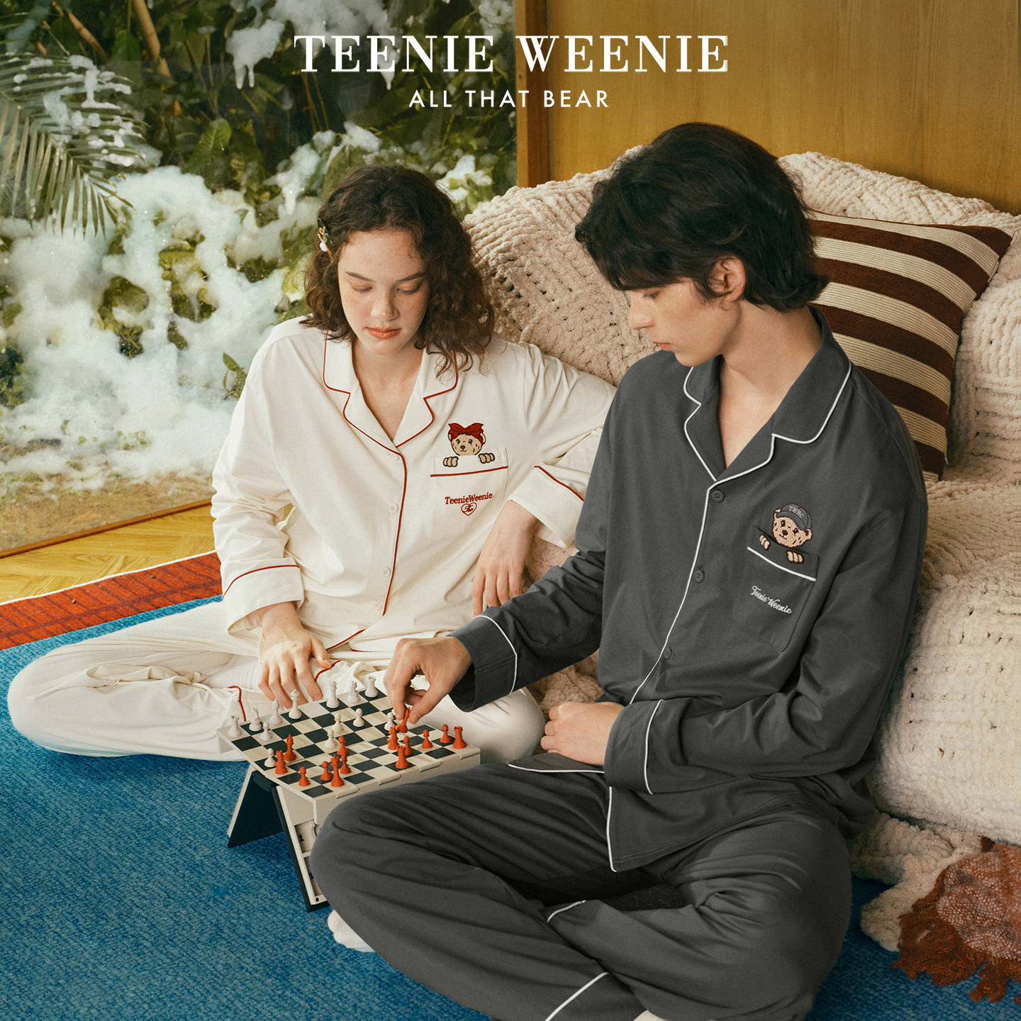 TeenieWeenie情侣睡衣女2026新款春秋季毛巾绣纯棉长袖长裤家居服