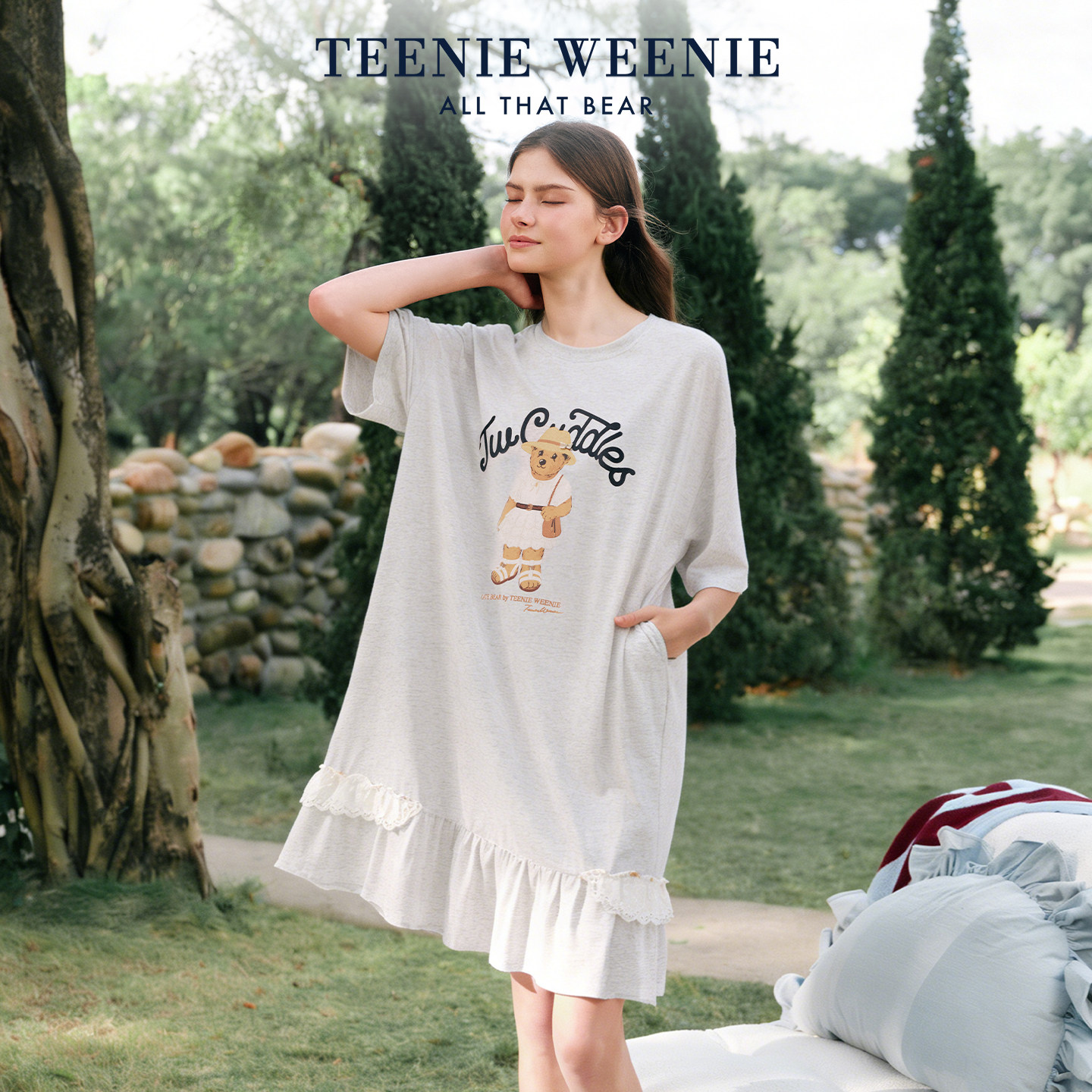 TeenieWeenie小熊纯棉睡裙女款夏季宽松印花家居服柔软透