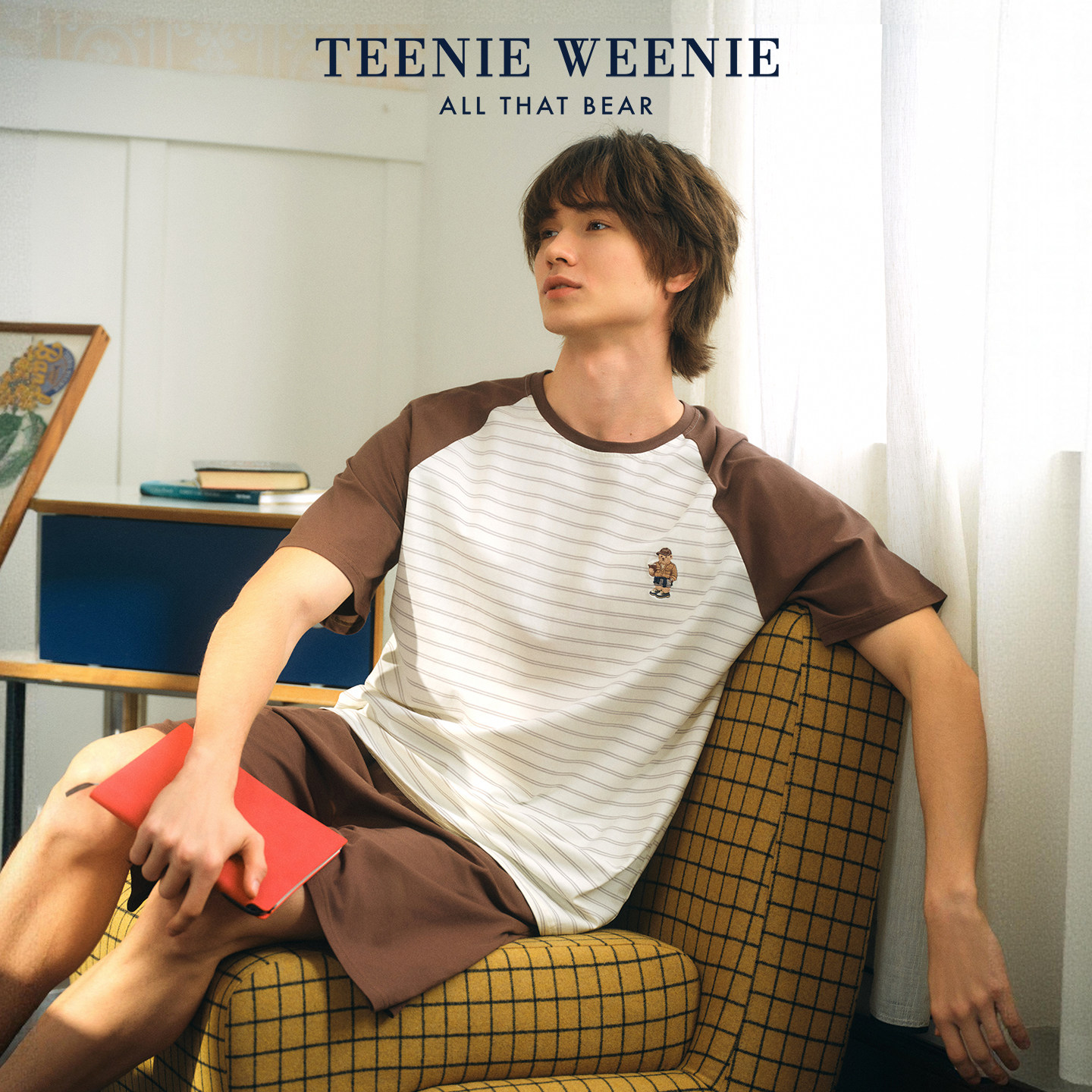 TeenieWeenie小熊情侣睡衣女款夏季纯棉短袖撞色条纹休闲