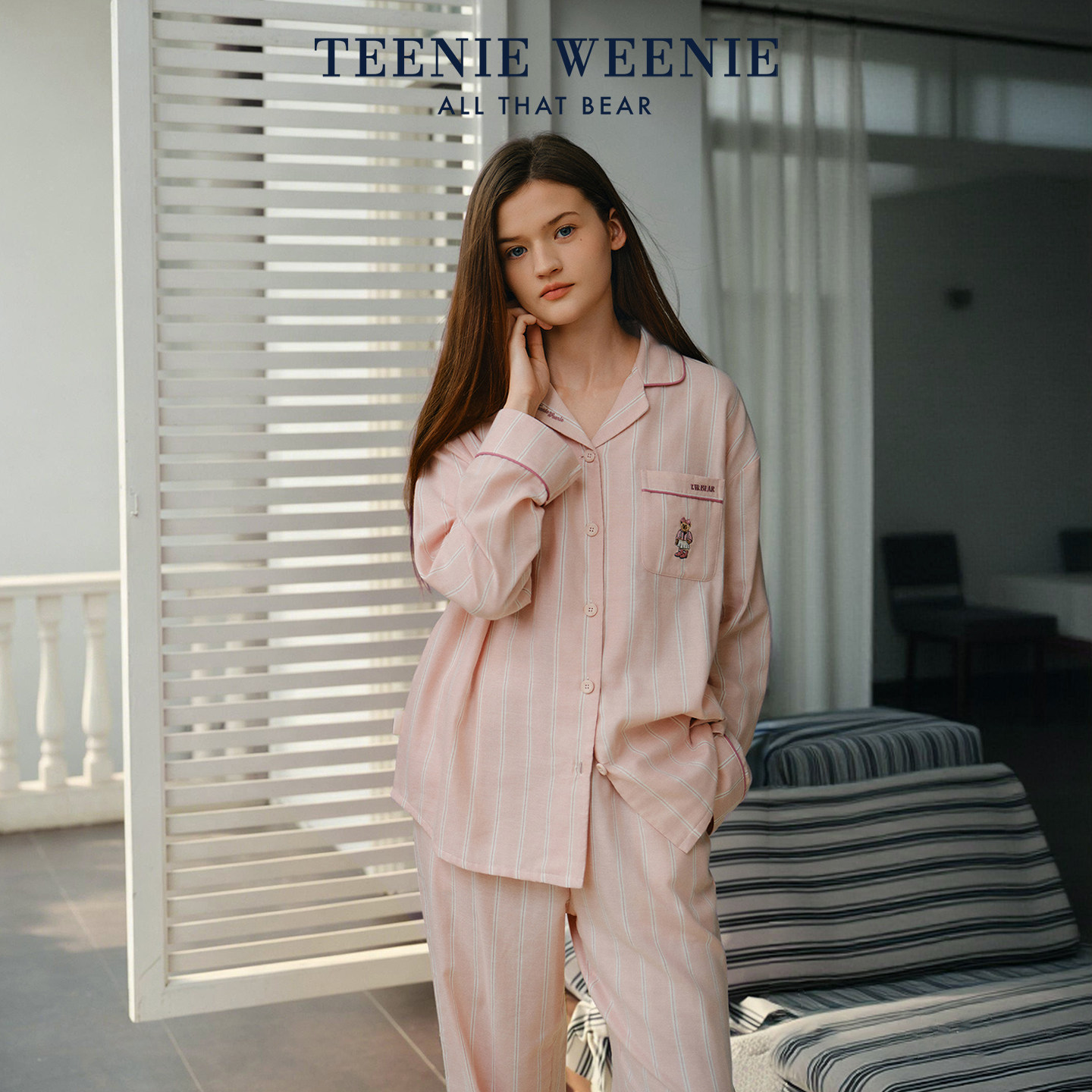 TeenieWeenie小熊纯棉睡衣女款双层纱条纹长袖家居服套装休闲风