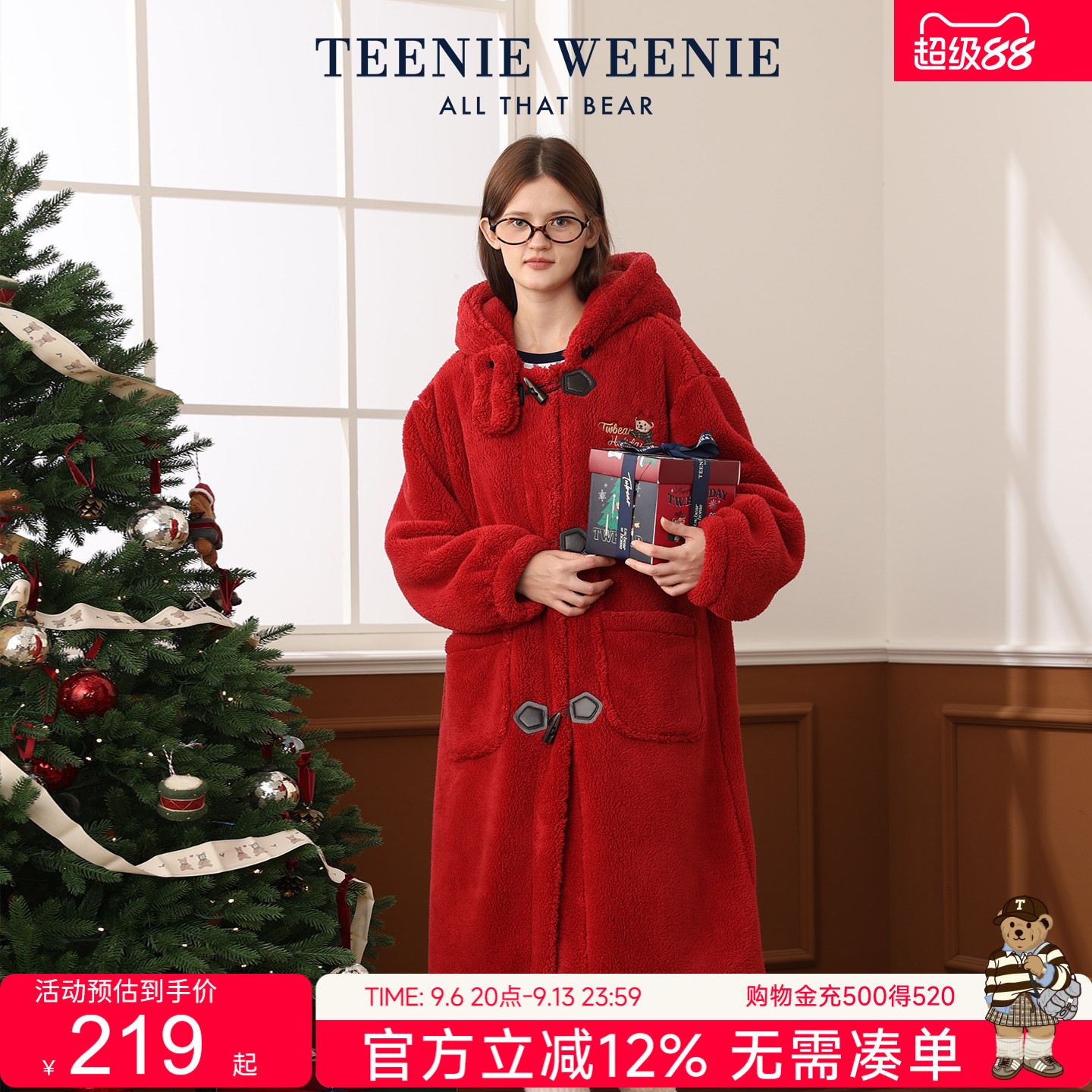 TeenieWeenie小熊女士北美绒睡袍女圣诞红色冬季加厚保暖新年浴袍