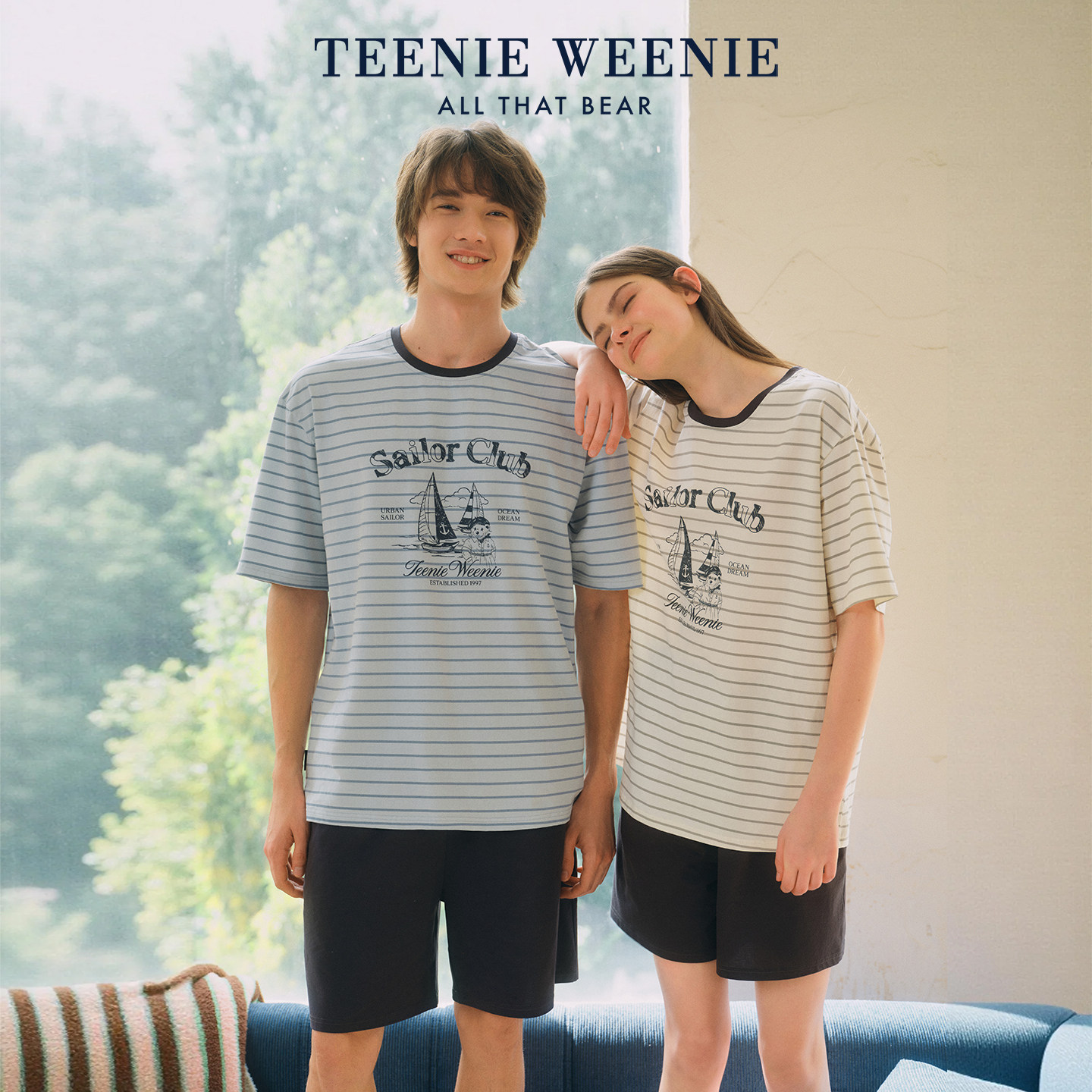 TeenieWeenie小熊纯棉情侣睡衣女款纯棉短袖海军风复古条纹家居服