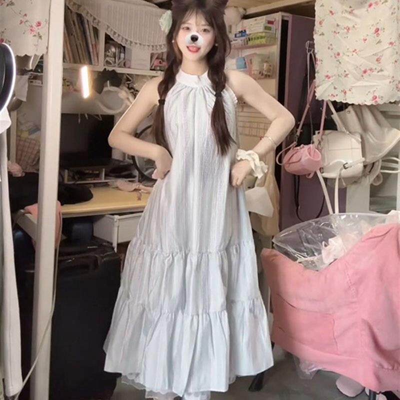 夏季新中式国风圆领挂脖连衣裙女新款学生宽松显瘦无袖过膝A字裙