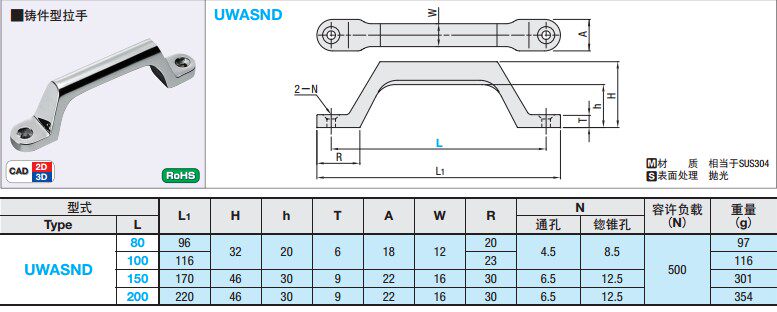 C-UWASND80/100/150/200 不锈钢铸件拉手大型设备重型把手 提手