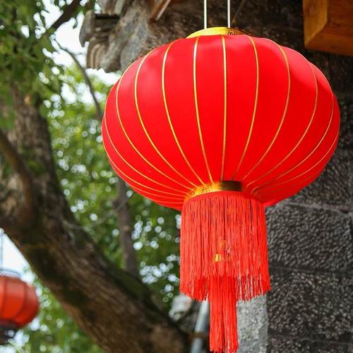 喜庆大红植绒灯笼 春节灯笼 过年婚庆装饰全红金边大红灯笼圆形