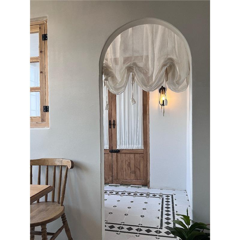 日式亚麻提拉帘弧形拱形门帘复古罗马帘魔术贴半帘系带升降帘隔断